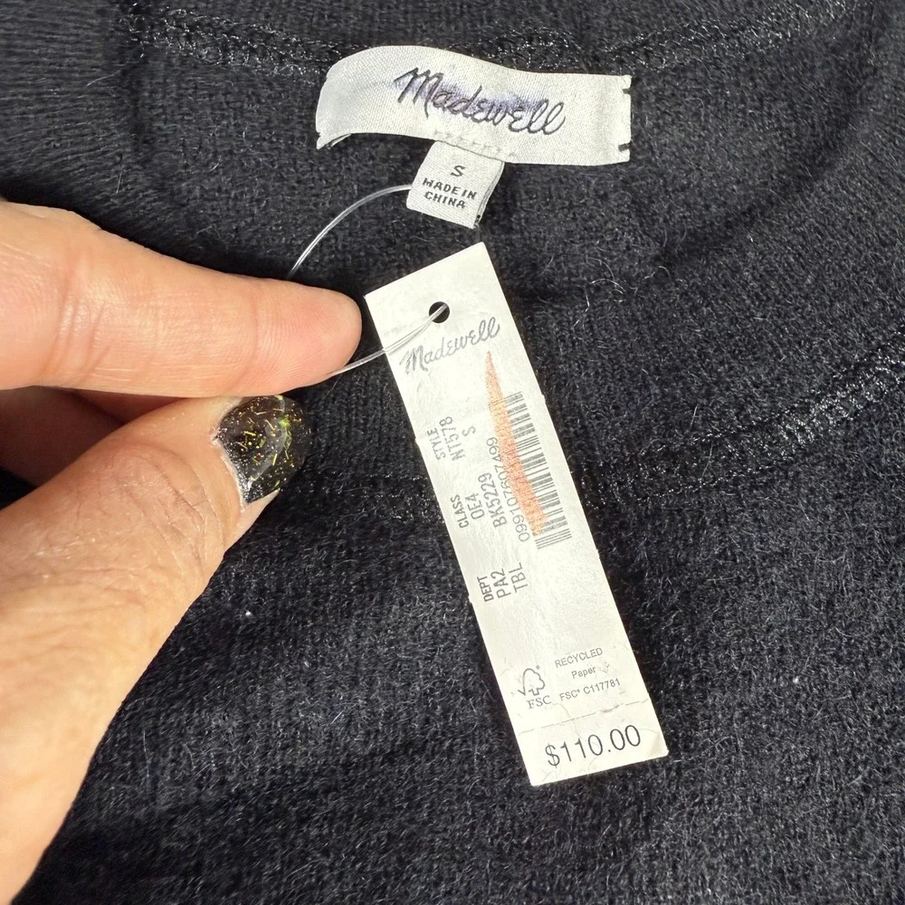 NWT Madewell Black Ribbed Alpaca Lightweight Crewneck‎ Sweater S Quiet Luxury